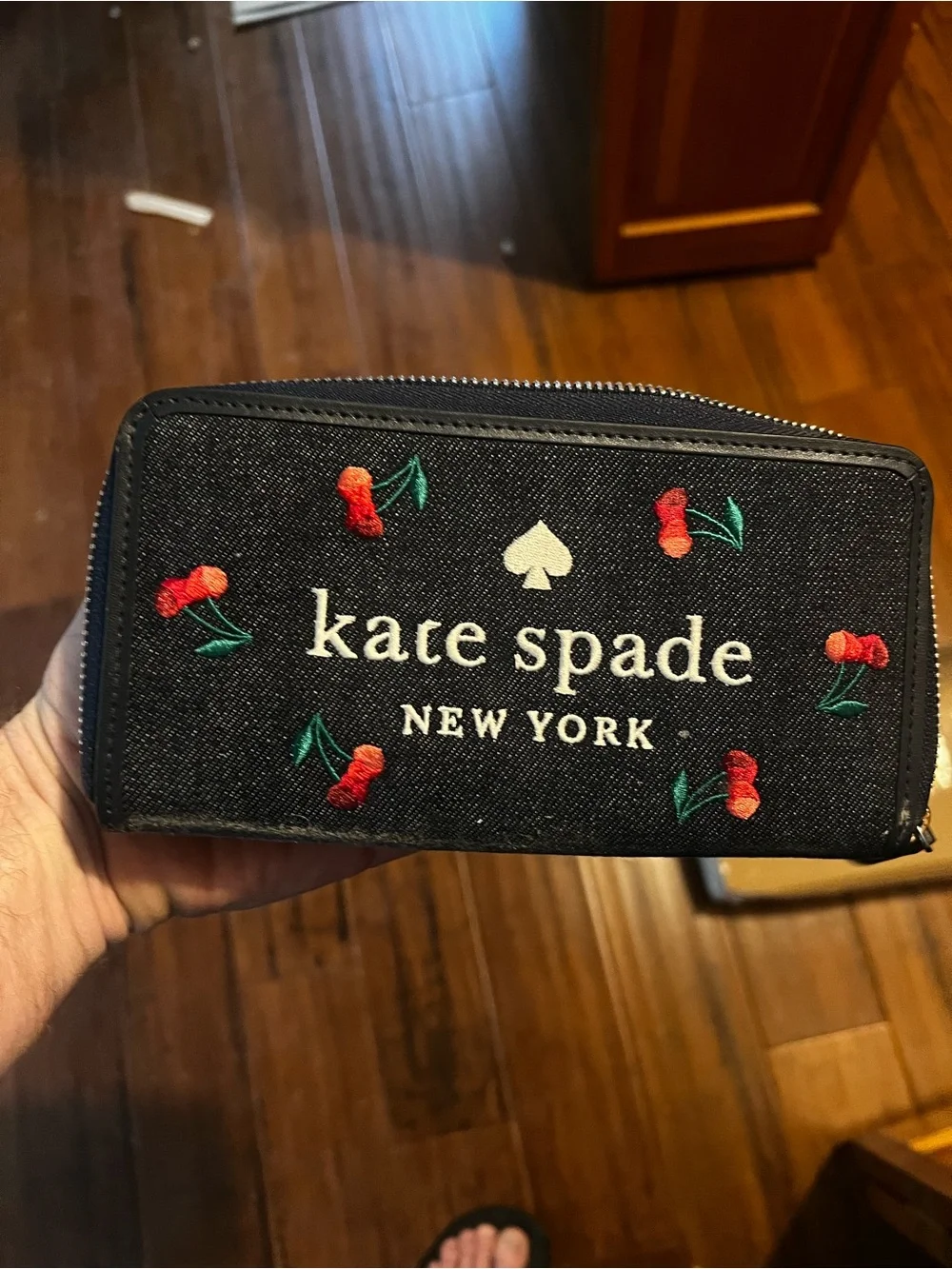 kate spade Black Embroidered Cherry Zip Card Holder